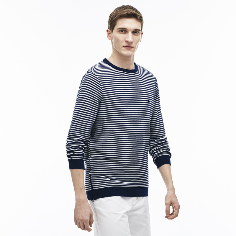 Lacoste Crew Neck Striped Cotton Ottoman Sweater with Contrast Zip AH3007 Lacoste Crew Neck Striped Cotton Ottoman Sweater with Contrast Zip AH3007