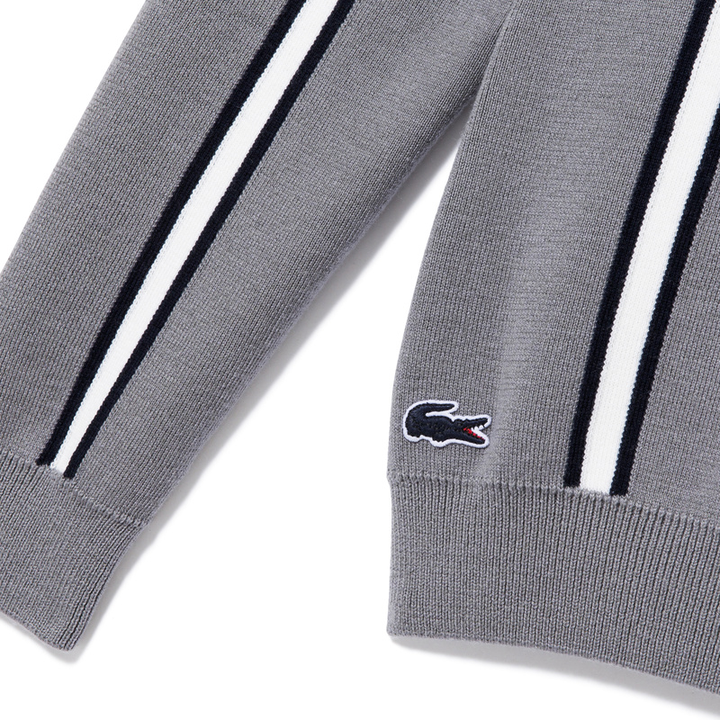 Lacoste Made in France Vertical Stripes Cotton and Wool Sweater AH9272: Grey Lacoste Made in France Vertical Stripes Cotton and Wool Sweater AH9272: Grey